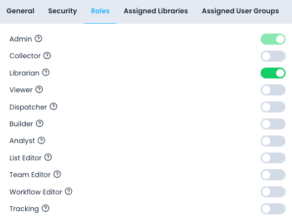 The Roles tab on the user details screen, showing a toggle switch for each of the 11 roles