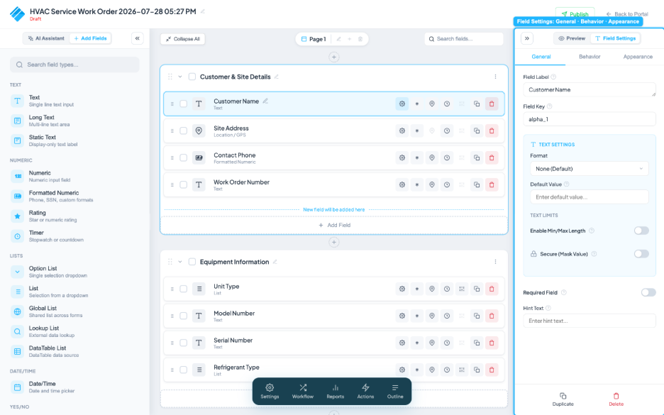 The right panel open to the Field Settings tab, showing the General, Behavior, and Appearance tabs.