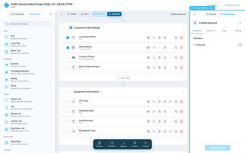 The Bulk Edit panel applying a setting to several selected fields.